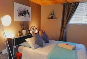1 dormitorio con cama y ventana en Cango Retreat Breathe, en Oudtshoorn
