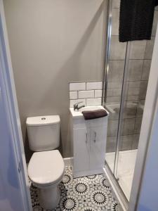 a small bathroom with a toilet and a shower at Printer's Apartment in Pontefract