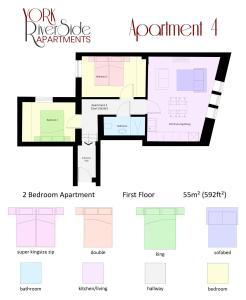un plan d'étage de l'appartement avec les exigences pour l'appartement unitaire dans l'établissement Apartment 4 2 bedroom, sleeps x 6, à York