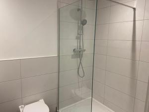 a bathroom with a glass shower with a toilet at Apartment 5 4 bedrooms, sleeps x 15 in York