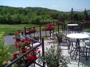 a group of tables and chairs with flowers on a patio at Anna vendégház in Tihany