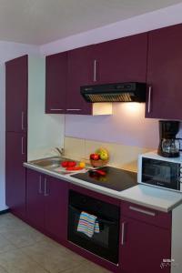 a purple kitchen with a sink and a microwave at Résidence Baie de Seine in Le Havre