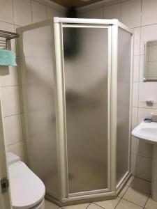 La salle de bains est pourvue d'une douche, de toilettes et d'un lavabo. dans l'établissement Kinmen Old Town Homestay, à Jincheng