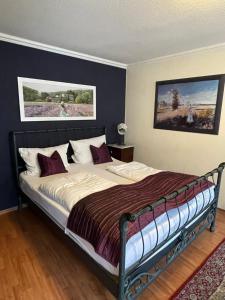 a bedroom with a large bed with purple pillows at Ferienwohnung am Entenplatz in Eltville