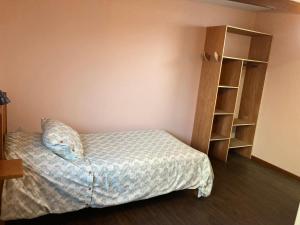 1 dormitorio con cama y estante para libros en Hostel El Bajo, en Iquique