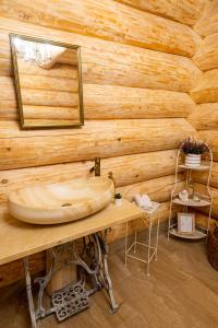 a bathroom with a sink and a wooden wall at Harghita Log Houses in Izvoare