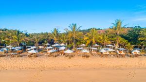 a beach with chairs and umbrellas and palm trees at Travel Inn Pousadas & Beach Club Trancoso in Trancoso