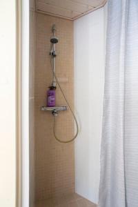 a shower in a bathroom with a purple shower head at 2ndhomes Cozy Studio in the City Center in Helsinki