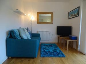 a living room with a blue couch and a television at Oakey Orchard - cosy apartment in Tamar Valley, Cornwall in Saint Dominick