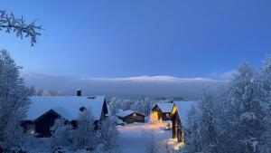 domek na śniegu w nocy ze światłami w obiekcie Bruksvallarna - Modern fjällstuga med panoramautsikt och WiFi w mieście Bruksvallarna