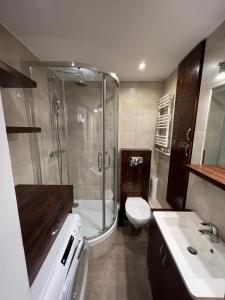 Un baño con ducha, inodoro y lavabo. en Panorama, en Zielona Góra