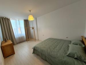 um quarto com uma cama, uma mesa e uma janela em CENTRAL Apartament Urbana em Arad