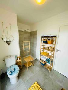 ein Bad mit einem WC und einer ebenerdigen Dusche in der Unterkunft RAVISSANT T2 AVEC VUE MAGIQUE SUR L'ETANG DE THAU in Balaruc-les-Bains