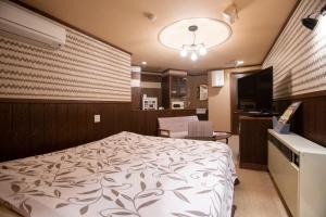 um quarto com uma cama e uma televisão de ecrã plano em ファインリゾート em Nagoya