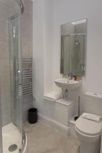 y baño con aseo, lavabo y ducha. en The Muse - Luxury 5 Bedroom House en Belfast