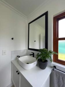 a bathroom with a sink and a mirror and a plant at Lux apartment Plett in Plettenberg Bay