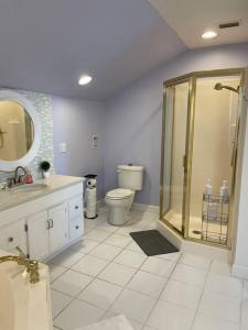 a bathroom with a shower and a toilet and a sink at Write on the Bay, a Waterfront Retreat in Coastal Alabama in Fairhope