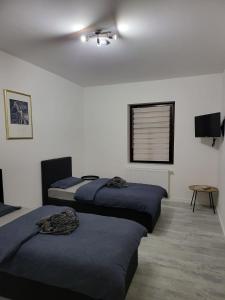 a room with three beds and a window at Place to sleep - Kassel: Direkt an der Uni in Kassel