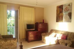 a living room with a couch and a television at Stylish studio apt AC, Balcony, Parking, Pool in Ocho Rios
