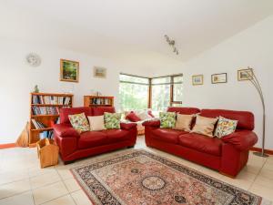 a living room with two red couches and a rug at 1 Aleutia Gardens in Thetford