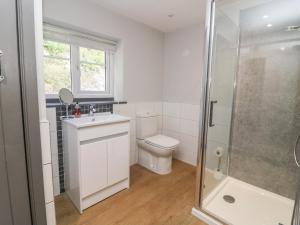La salle de bains est pourvue de toilettes, d'un lavabo et d'une douche. dans l'établissement Yon Cottage, à York