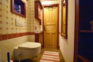 a bathroom with a toilet and a wooden door at U Kopejdy in Smržovka
