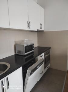 eine Küche mit Herd und Mikrowelle in der Unterkunft Apartment Memories in Banja Luka