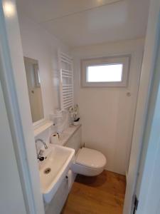 a white bathroom with a toilet and a sink at Blue Mind, heerlijk vakantiehuisje op het water: in Vinkeveen