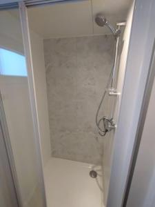 a shower in a bathroom with a glass door at Blue Mind, heerlijk vakantiehuisje op het water: in Vinkeveen