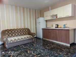 a room with a couch and a kitchen with a refrigerator at Сучасні квартири електроенергія, тепло і гаряча вода є ЗАВЖДИ in Poltava