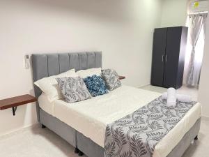 1 dormitorio con cama con cabecero gris y almohadas en Casa Hotel Estelar, en Villavieja
