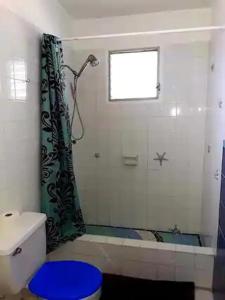 a bathroom with a shower and a toilet and a window at Villa Kaiae in Sandy Ground Village