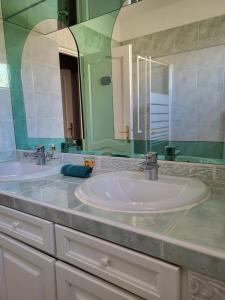 a bathroom with two sinks and a large mirror at Chambre d hôtes AU CŒUR DES OLIVIERS in Marseille