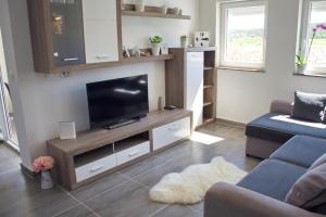 sala de estar con TV de pantalla plana y sofá en Luxury oaza Novalja, en Stara Novalja