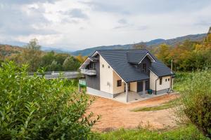 een huis met een zwart dak op een veld bij Agropensiunea turistică Pasul Merișor in Băniţa