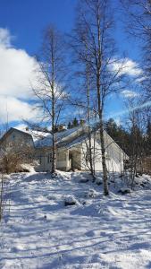 a white house in the snow with trees at Stuga Gruvriset in Fredriksberg