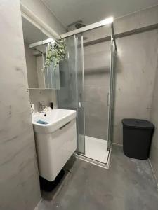 a bathroom with a shower and a sink and a toilet at Charmoso apartamento na Herdade da Aroeira in Aroeira