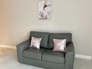 un sofá en una sala de estar con 2 almohadas en Erne Getaway No.7 Brand new 1 bed apartment, en Enniskillen