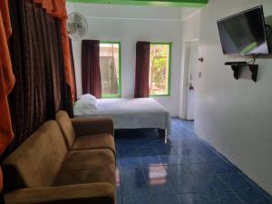 1 dormitorio con cama, sofá y TV en Cristina - Hotel Familiar, en Tambor