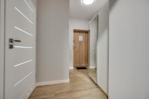a hallway with a mirror and a door at Central Platinum Apartments 22 in Rybnik