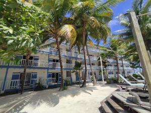 un hotel sulla spiaggia con palme e sedie di Caribbean Villas Hotel a San Pedro