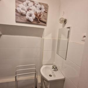 bagno bianco con lavandino e specchio di font romeu a Font-Romeu-Odeillo-Via