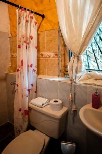 y baño con aseo y cortina de ducha. en Chalet Ecoturismo La Nohelia, en Jericó