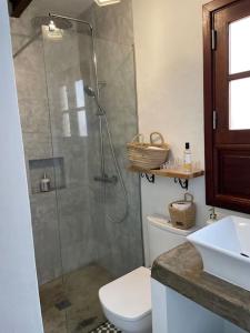 a bathroom with a shower and a toilet and a sink at Vistas impresionantes al mar de Garachico in Garachico