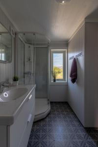 a bathroom with a sink and a shower and a toilet at PederStua in Storeidet