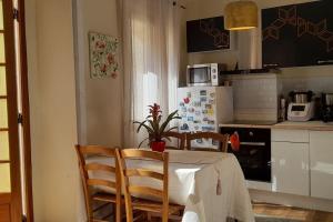 cocina con mesa, sillas y nevera en "Maison du consul" avec terrasse - centre historique en Narbonne