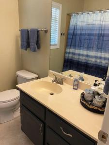 a bathroom with a sink and a toilet and a mirror at Cozy, Lake Lanier property with amazing views in Dawsonville