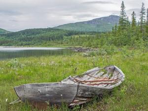 a wooden boat sitting in the grass near a lake at Holiday home KROKOM 