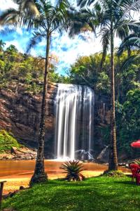 a waterfall with palm trees in front of a river at Pousada do Gelão in Lagoinha