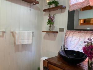 a bathroom with a black sink and a mirror at Cabaña Lemupewen Chillán 6 in Chillán